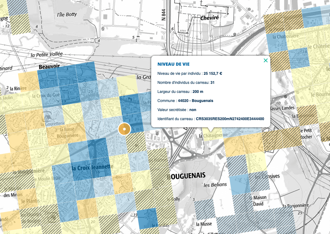 Niveau de vie et densité par carreau de 200 m de coté (Données INSEE sur Geoportail)