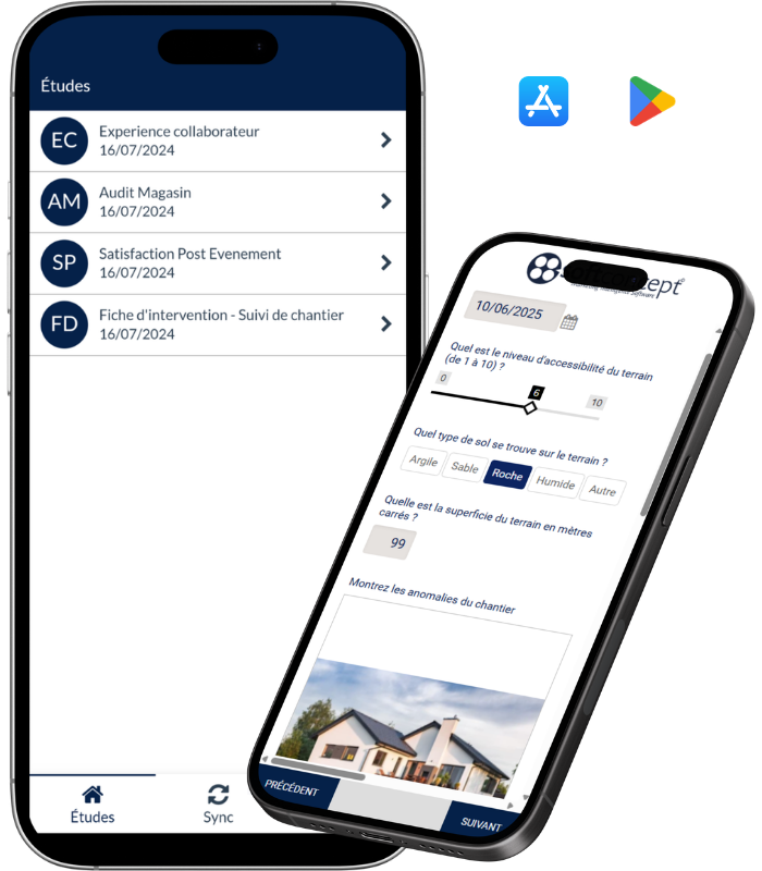 Application Mobi-Survey affichée sur smartphone pour la collecte d’enquêtes terrain