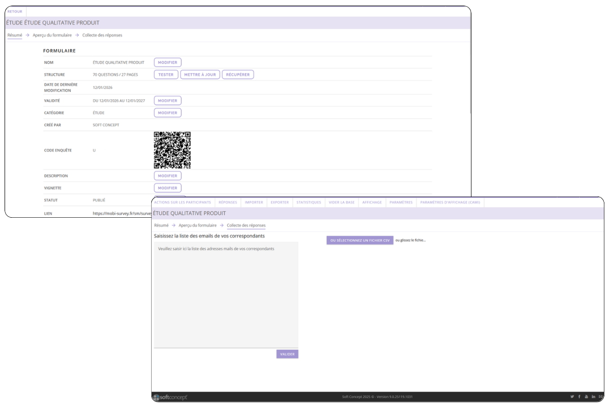 Interface Survey Manager affichant la gestion et le suivi des enquêtes