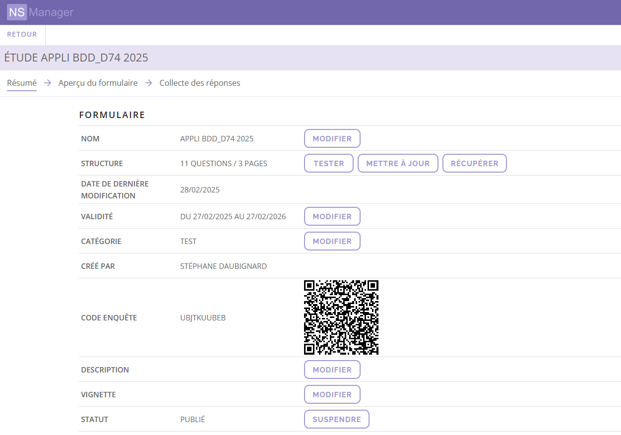 Interface de gestion des utilisateurs dans le logiciel Survey Manager.
