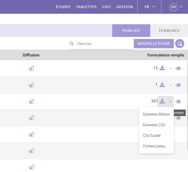 Interface du logiciel Survey Manager pour gérer et analyser des enquêtes.