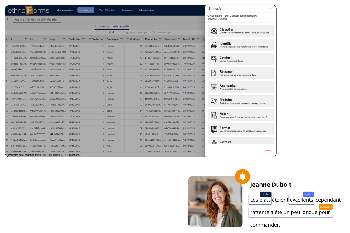 Interface d’analyse avancée avec tableau de données et assistant d’analyse intelligent