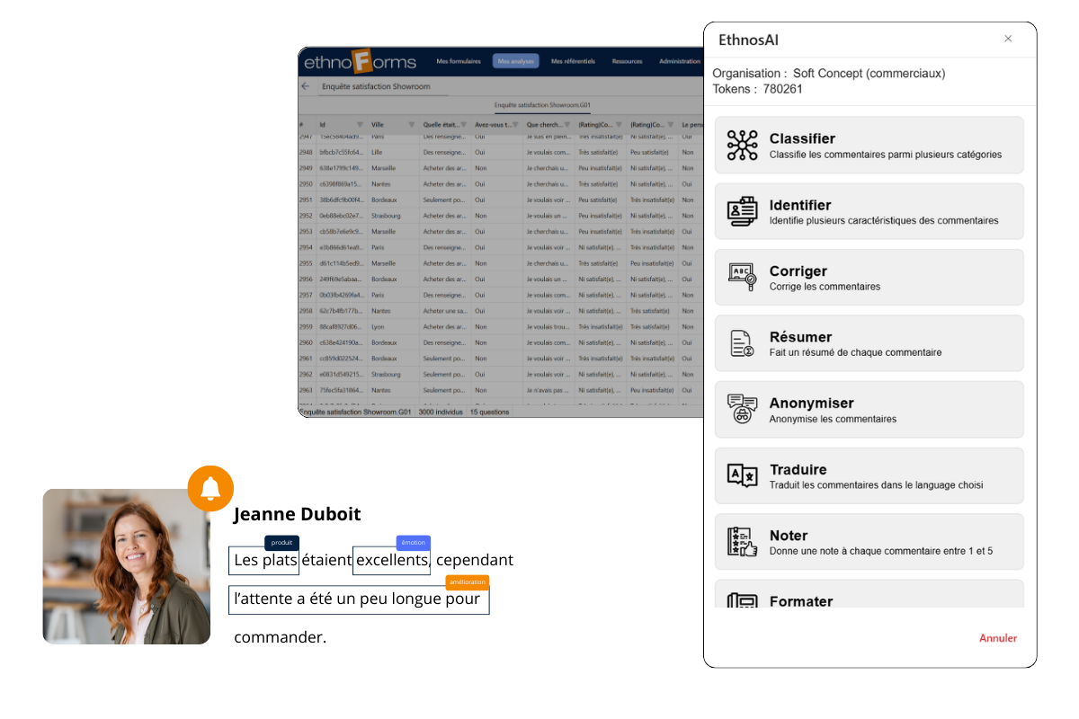 Interface d’analyse de verbatims pour exploiter les commentaires et réponses ouvertes d’une enquête.