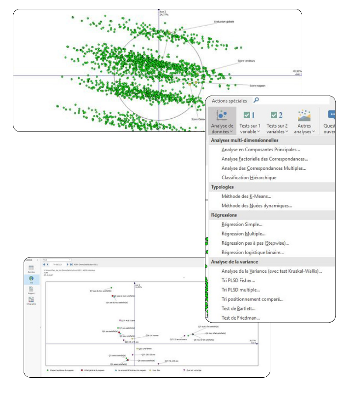 Interface d’analyses statistiques avec graphiques et traitements de données d’enquêtes.