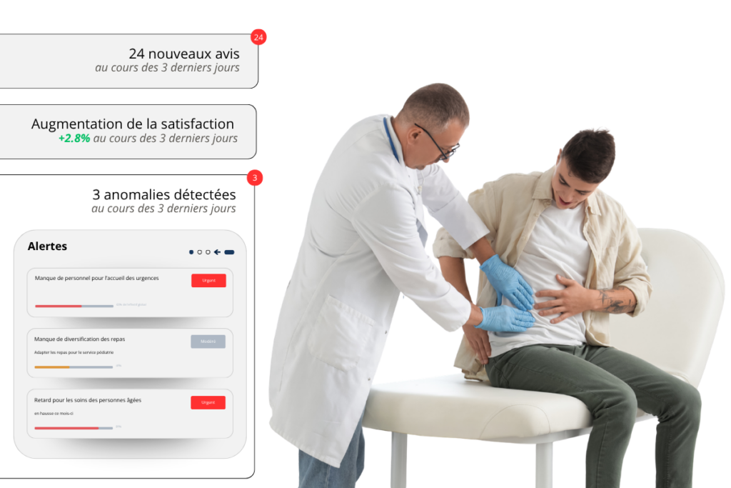 Médecin échangeant avec un patient illustrant la collecte des avis et retours patients.