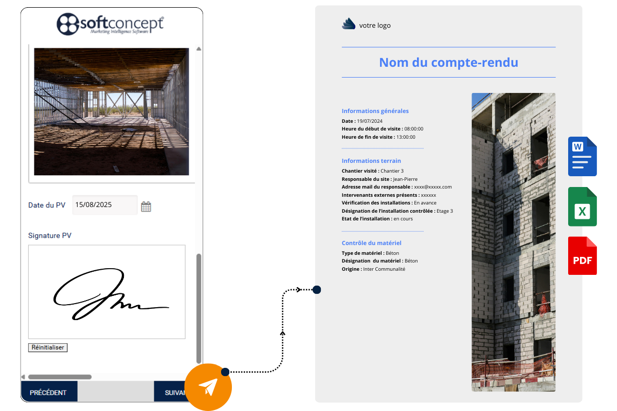 Interface de génération de compte rendu d’audit avec rapport et photos.
