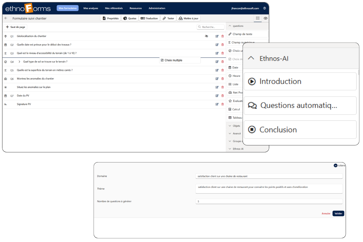 Interface de création intelligente de questionnaire avec assistant IA intégré