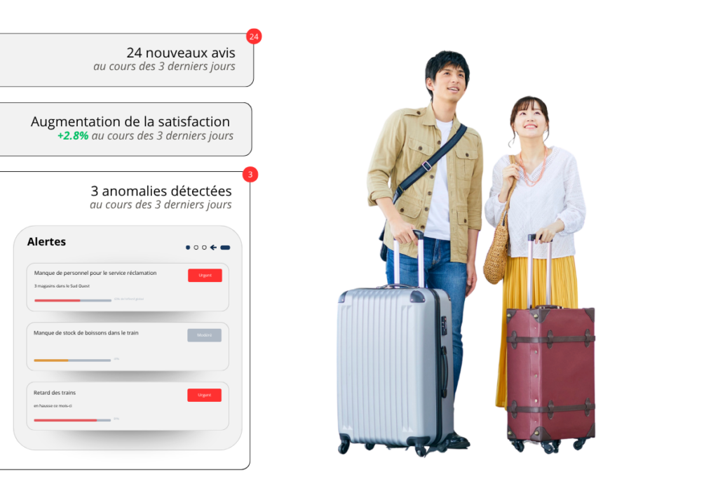 Voyageurs avec valises illustrant les défis de l’expérience dans le secteur du transport.