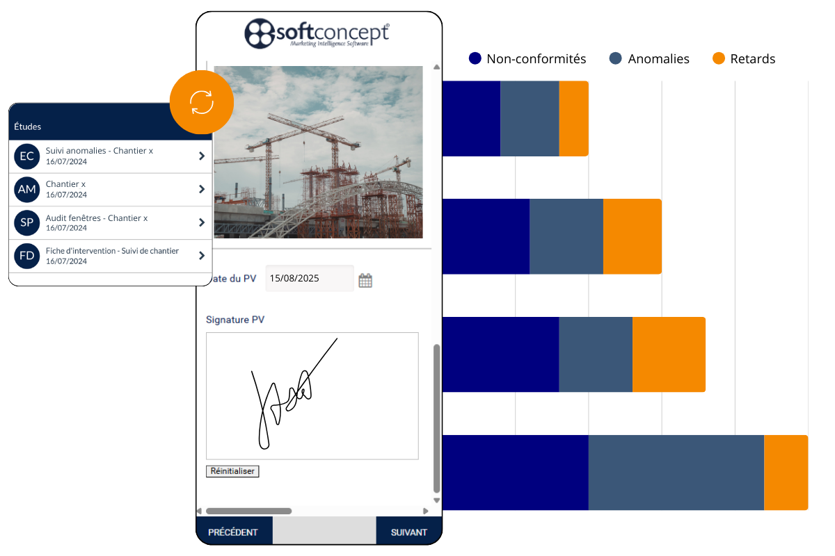 Application mobile et tableau de bord illustrant la digitalisation des audits et collectes de données terrain.