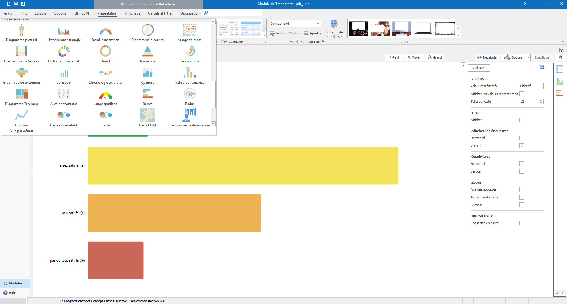 Interface du logiciel Ethnos pour l’analyse des données d’enquêtes avec tableaux et graphiques.
