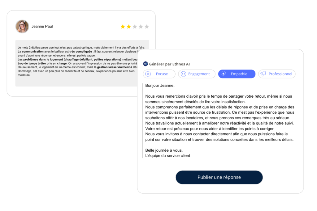 Interface d’analyse de l’expérience locataire avec intelligence artificielle.