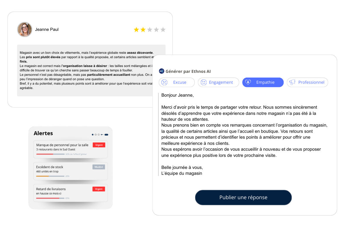 Interface d’analyse montrant l’impact des études et des résultats d’enquêtes sur la prise de décision.