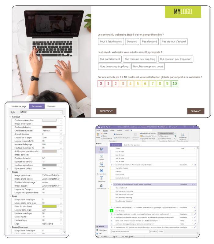 Interface de création et aperçu de questionnaire dans le logiciel Net Survey.