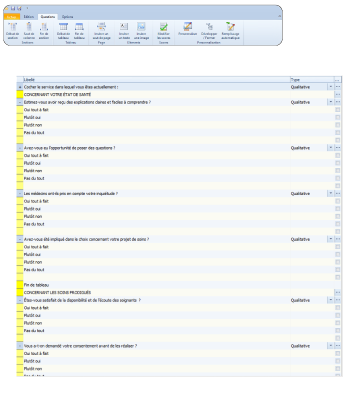Interface de création de questionnaire OMR pour la collecte de réponses sur papier.