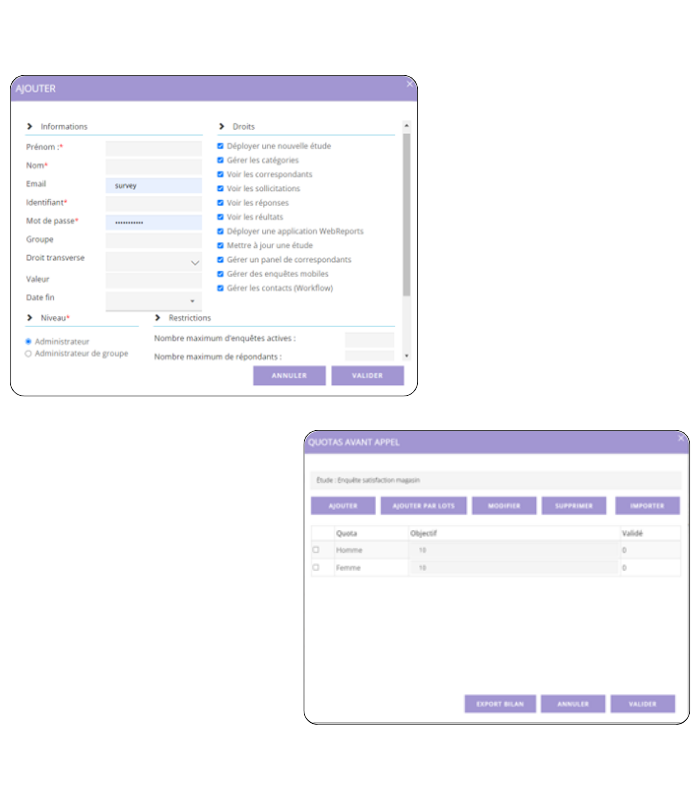 Interface CATI permettant de gérer et piloter des enquêtes téléphoniques.