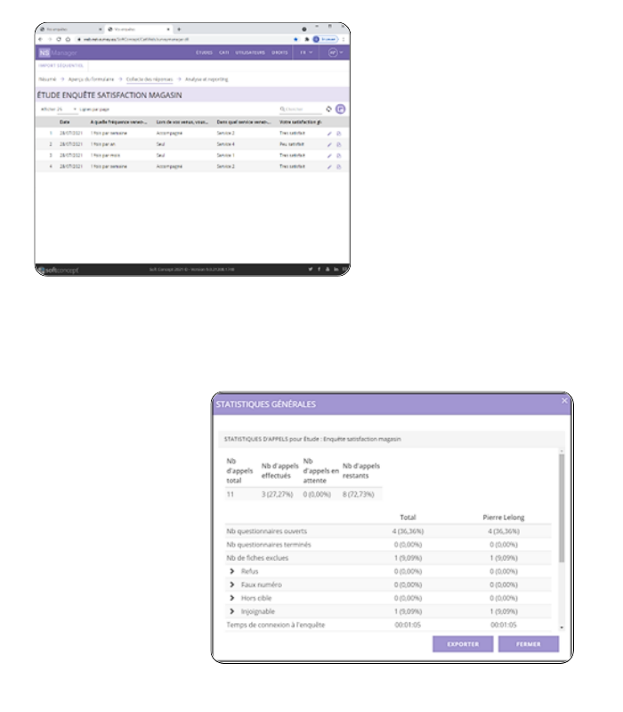 Interface de suivi des enquêtes CATI avec indicateurs de performance et progression.