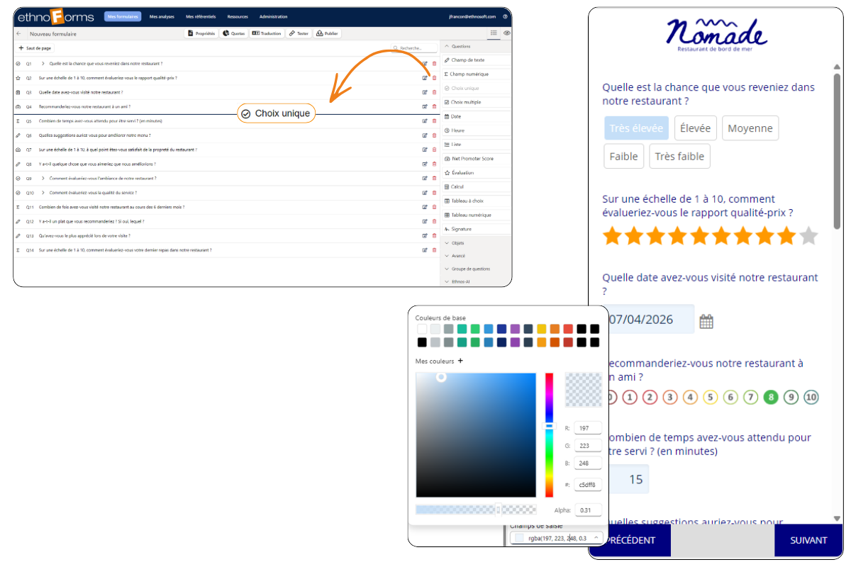 Interface de création d’une enquête de satisfaction avec questionnaire et paramètres.