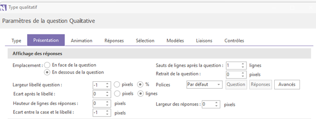 Réglages de l'onglet présentation